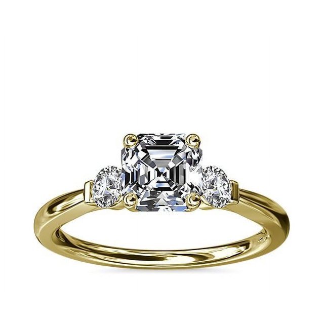 0.70 Carat Excellent Asscher Shape Genuine Diamond Latest Design Three Stone Engagement Ring for Ladies Solid 18K Yellow Gold Size 7.5