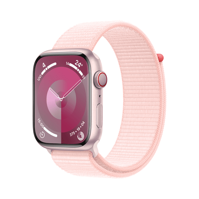 Apple Watch Series 9 GPS + Cellular 45mm Pink Aluminium Case with Light Pink Sport Loop shown in a 3/4 front view, featuring a rectangular touchscreen with a pink watch face. The pink aluminium case includes a textured light pink sport loop band and a red-ringed digital crown, emphasizing its wearable technology and smart watch functions suitable for fitness tracking and seamless connectivity.