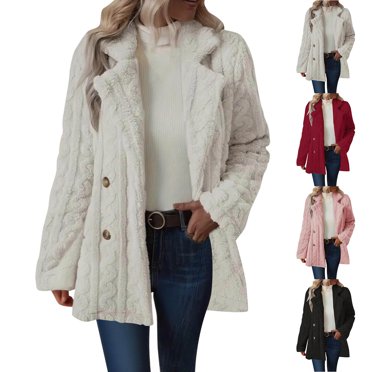 Wiyuqeen Manteaux en Molleton Duveteux pour Femmes à Texture Torsadée à Manches Longues, Col à Revers, Boutonné, Long Manteau Teddy en Fausse Fourrure, Chaud, Manteau d'Hiver