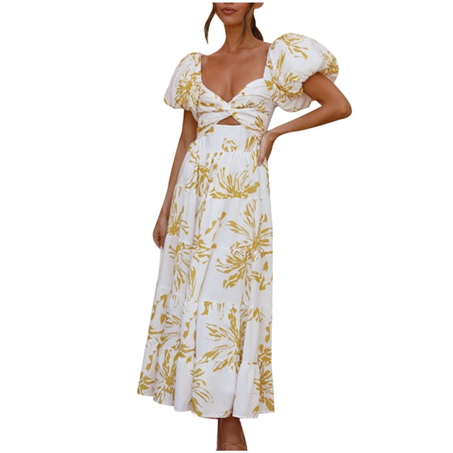 Pisexur Robes pour Femmes à Épaules Dénudées, Robe Maxi à Imprimé Floral, Robes de Bal Sans Bretelles, Tunique à Torsade devant, Robe Soleil, Ourlet à Volants, Robe Cocktail Fluide à Étages, Robe Longue d'Été Décontractée Bohème Formelle