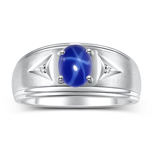 RYLOS Men's Rings Sterling Silver Classic 8X6MM Oval Gemstone & Diamond Ring Color Stone Birthstone Rings For Man Silver Rings (Blue Star S, 10) Size 10
