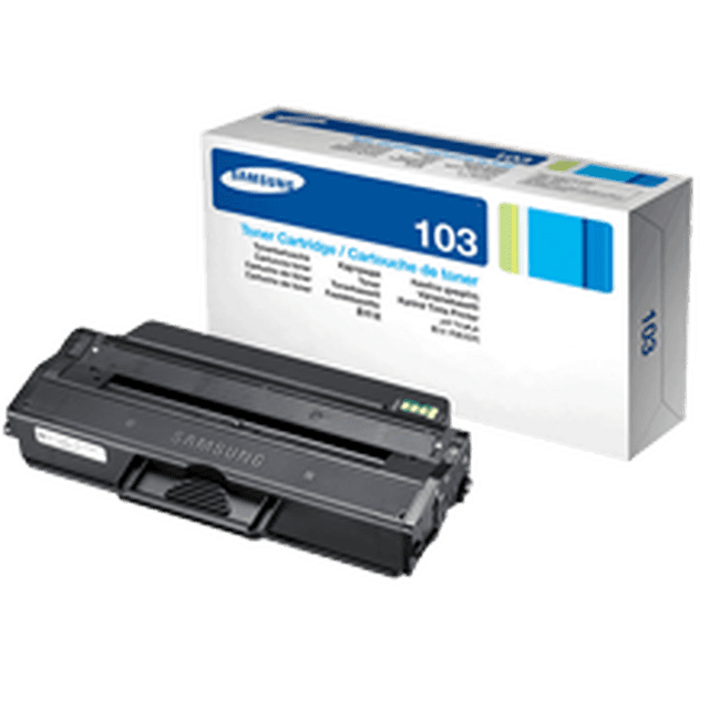 Brand New Original SAMSUNG MLT-D103L High Yield Laser Toner Cartridge for Samsung ML-2955ND. The image shows the black toner cartridge alongside its branded packaging, which features the Samsung logo and product details. Designed for high-yield printing with a capacity of 2,500 pages at 5% coverage. Compatible with Samsung ML-2955ND printers and includes a 1-year warranty with free replacement or refund options.