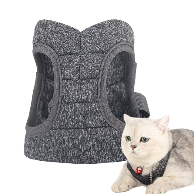 Cat Harness Leash Escape-proof Lightweight Breathable Adjustable Soft Dog Pet Vest in grey, crafted from durable polyester with a padded design for comfort. Features adjustable buckles and quick fastening tape for a secure fit, suitable for cats weighing 1.75-7kg. Ideal for walking cats safely while keeping them visible. A white cat is shown wearing the harness, demonstrating its snug fit and escape-proof design.