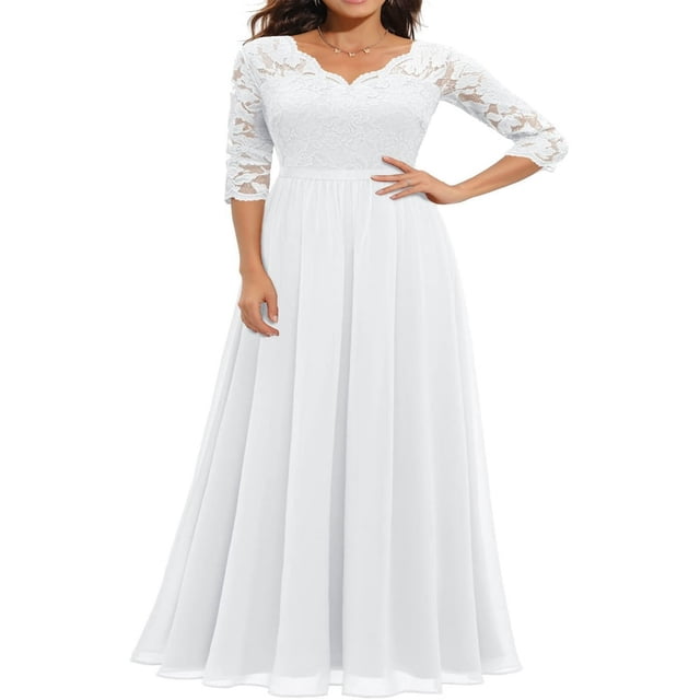Robe Longue en Dentelle pour Femmes Manches 3/4 Col en V Dos Nu Fermeture Éclair Robe de Soirée de Mariage