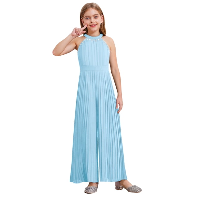 Sxiwei Combinaison Plissée Sans Manches pour Filles avec Perles et Strass Robes de Filles Bleu Ciel 14