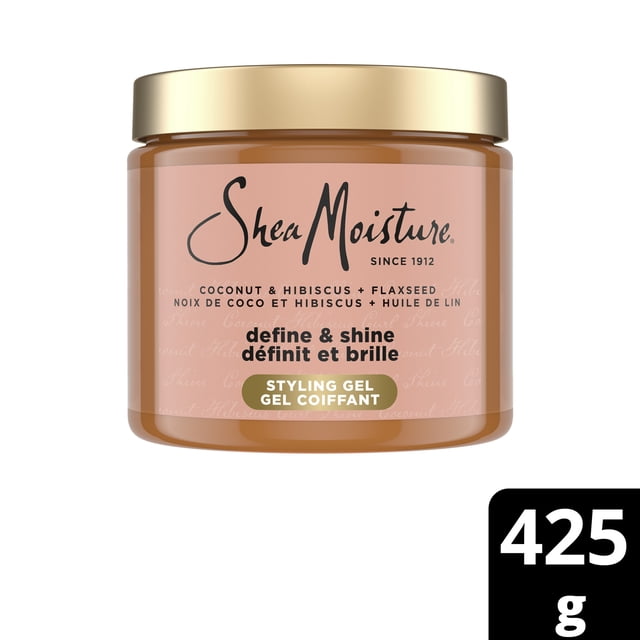 SheaMoisture Coconut & Hibiscus Define & Shine Styling Gel 425g amber jar with gold lid, featuring bilingual label emphasizing coconut, hibiscus, and flaxseed for curl hydration, definition, shine, and all-day hold.