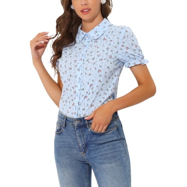 INSPIRE CHIC Women's Peter Pan Collar Button Down Bubble Sleeve Printed Shirt Light Blue S