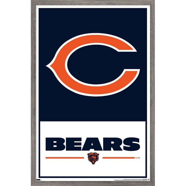 NFL Chicago Bears - Logo 21 Wall Poster, 22.375" x 34" framed, displaying a centered orange 'C' logo outlined in white on a navy blue background above bold navy 'BEARS' text on a white panel with an orange bear head logo and horizontal orange lines, framed in gray wood. Ideal for adding sports-themed wall art to bedrooms, offices, or dorms.