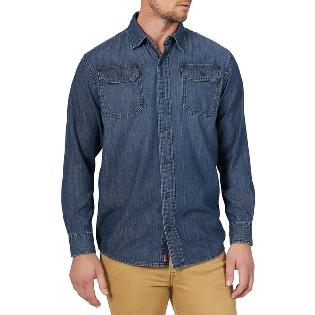 Wrangler Men's Long Sleeve Solid Twill Shirt in dark blue with relaxed fit, featuring two chest flap pockets including one with a pencil slot, button-down front with Wrangler logo buttons, and stretch fabric for comfort, suitable for casual or workwear.