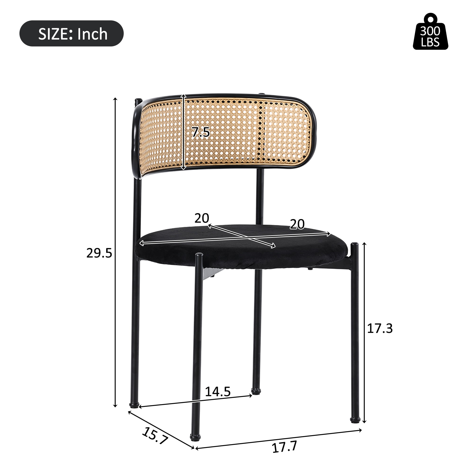Noble House Ensemble de 4 Chaises de Salle à Manger en Velours avec Dossier en Rotin PE, Pieds en Métal Robustes, Noir+naturel