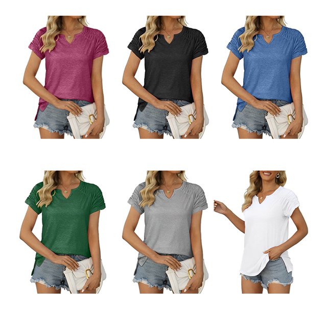 pitrice Summer Pleated Short Sleeve Solid Color Splicing V Neck T-Shirt Casual Basic Tops Female Shirts Daily Tees for Brick red XXL