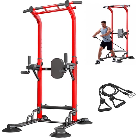 SogesPower Station de Barre de Traction Tour 94,5 Po H avec Bandes, Support de Barre de Traction à 12 Hauteurs Réglables pour Gym à Domicile, Station de Trempage Multifonction pour Entraînement de Force Équipement de Mise en Forme, 330 Lb, Rouge