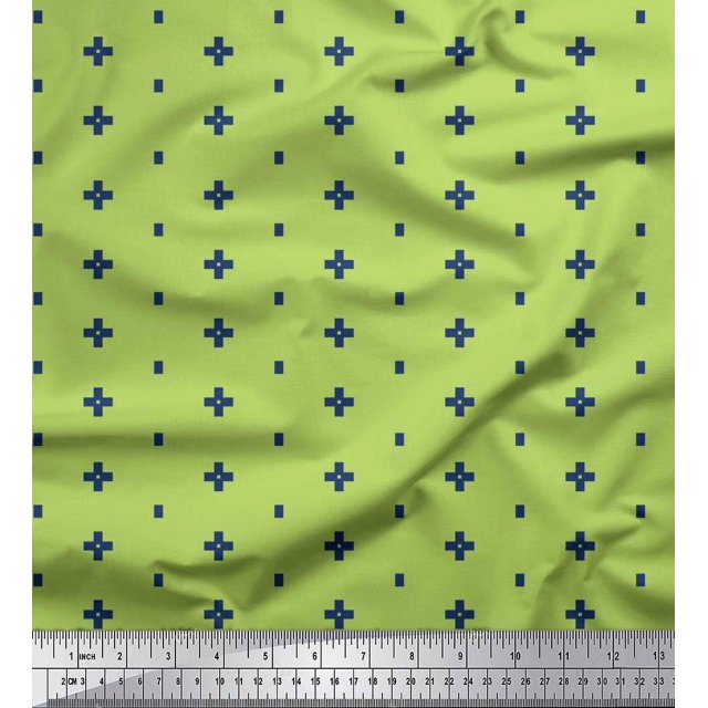 Soimoi Green Poly Georgette Fabric Geometric Plus Sign & Jamdani Print Fabric by Yard 52 Inch Wide