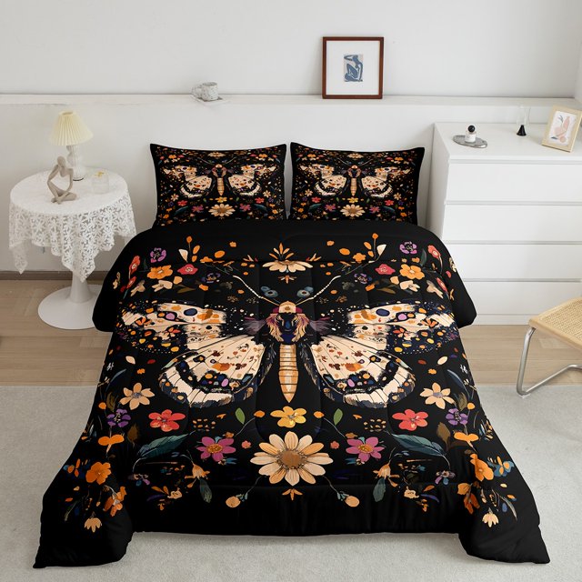 Erosebridal Retro Flower Bedding Full Comforter Set, Hippie Butterfly Down Comforter, Rustic Moth Reversible Comforters & Duvets, Lightweight Bedroom Decorative, 3pcs