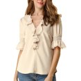 thumbnail image 1 of INSPIRE CHIC Blouse en Mousseline Semi-Transparente pour Femme à Volants, Col en V, Manches Bouffantes au Coude, TP Beige, 1 of 8