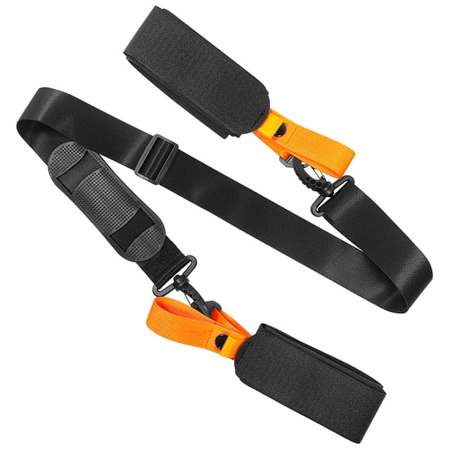 Ski Sangle de transport pour Perche, Sangle d'Épaule Ajustable pour Perche de Ski, Sangle Fixe pour Planche à Roulettes avec Coussinet Antidérapant, Conçue pour les Amateurs de sports d'Hiver. Fabriquée en nylon durable avec Boucle Ajustable pour la Personnalisation de la Longueur (70-120 cm). Comprend un Coussinet d'Épaule Antidérapant pour le Confort et des Rubans Adhésifs pour Fixer des Perches de Ski Ou des Planches à Neige. Sangle Noire avec accents orange, Idéale pour le transport d'Équipement de Ski et de Planche à Neige.