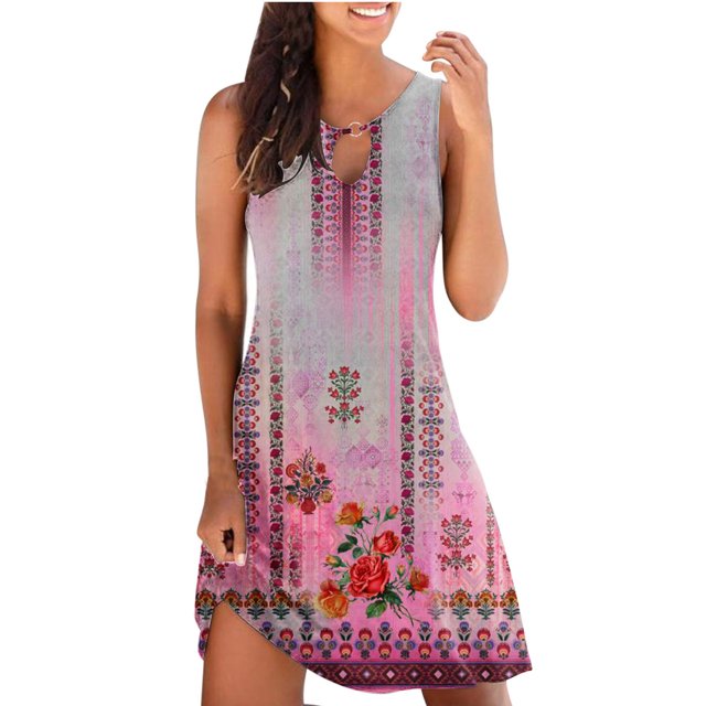 Cameland Robe Débardeur d'Été Décontractée Ample à Imprimé Floral pour Femme, Ajourée, Robe de Plage Sans Manches