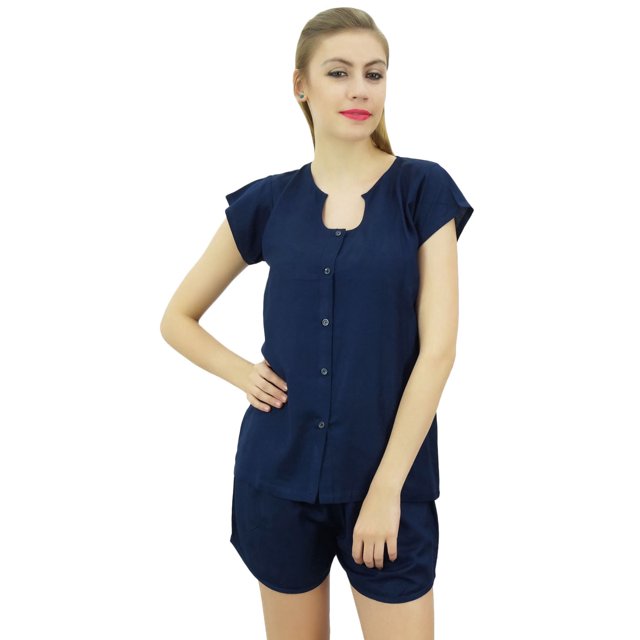 Bimba Pyjama 2 Pcs pour Femmes Bleu Marine à Boutons Chemise et Short Robe de Nuit-12