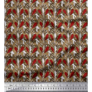 Soimoi Satin Silk Fabric Leaves & Floral Block Fabric Prints by Yard 42 Inch Wide