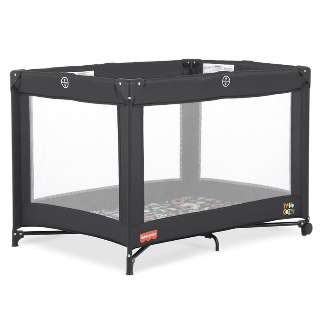 Fisher Price Play All Day Playard By Dream On Me in black with breathable mesh walls, sturdy frame, built-in wheels, and colorful high-density foam pad, designed as a portable travel playard for safe baby play and rest.