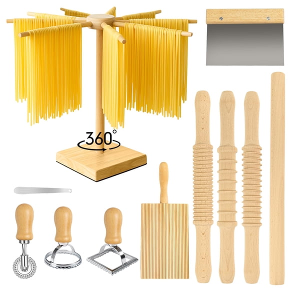 3 Size Pasta Making Tools, 11Pcs Wooden Pasta Making Kit with 3 Size Threaded Rolling Pins, Long Rolling Pin, Rotatable Pasta Drying Rack, Gnocchi Board, Dough Cutter, Wheel Cut