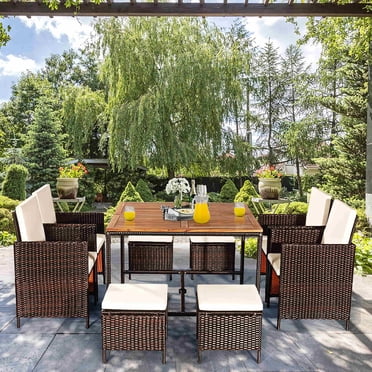 Costway 9PCS Patio Rattan Dining Set Cushioned Chairs Ottoman Wood Table Top White