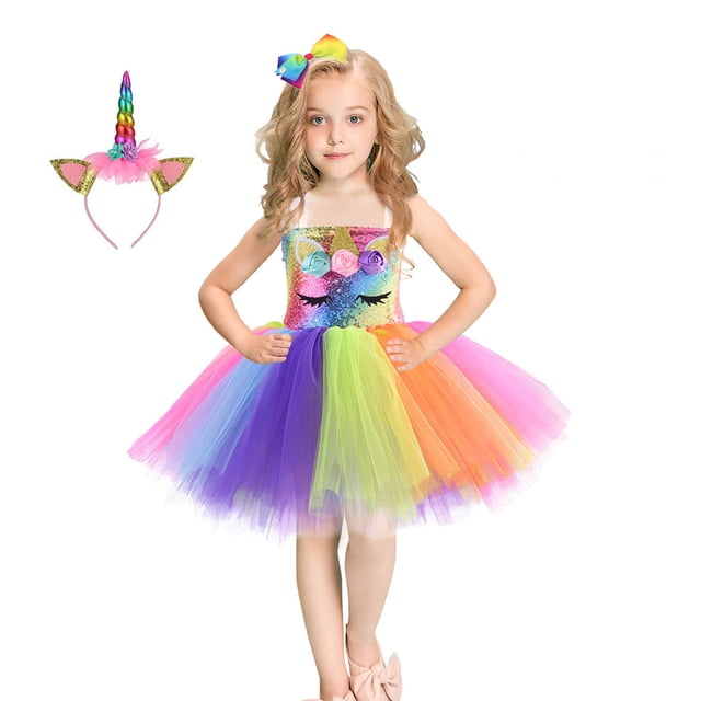 HAWEE Robe Tutu Dreams à Paillettes Licorne pour Filles 2-10 Ans avec Bandeau Licorne Fête d'Anniversaire Hiver Récital Danse Robes