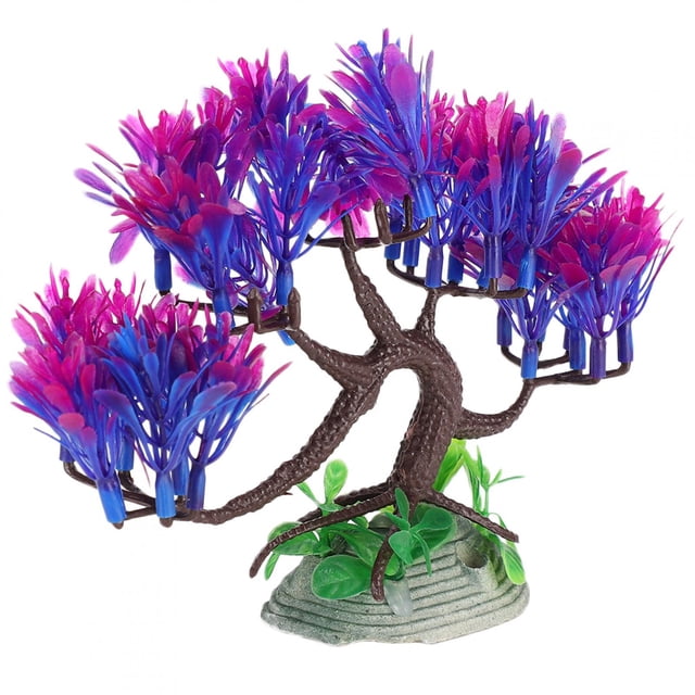 Spptty Aquarium Decoration Plant, a vibrant artificial fish tank decoration featuring a tree-like structure with textured brown branches and vivid pink and purple foliage. Made of non-toxic plastic, it is designed to provide a natural and stress-free environment for aquarium inhabitants. The base includes green leaves and a textured stone-like platform for stability. Suitable for enhancing aquarium aesthetics and offering hiding spots for fish.