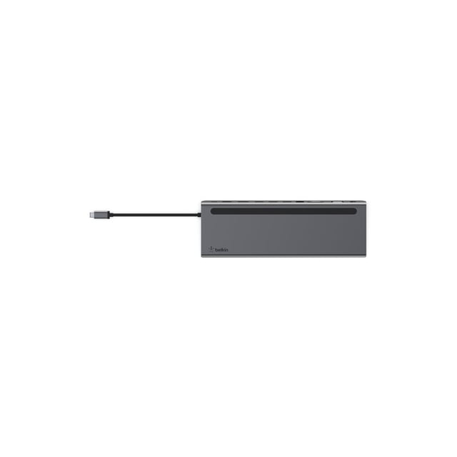 Belkin CONNECT 11-in-1 multiport dock with USB-C connectivity, featuring VGA, HDMI, and DisplayPort video outputs supporting up to 4K resolution. Includes a Gigabit Ethernet port, multiple USB-A ports, SD and MicroSD card readers, and a 3.5mm audio jack. Compact design in multicolour with rear-facing ports, doubling as a laptop stand. Shown in a front-facing view with an attached USB-C cable.