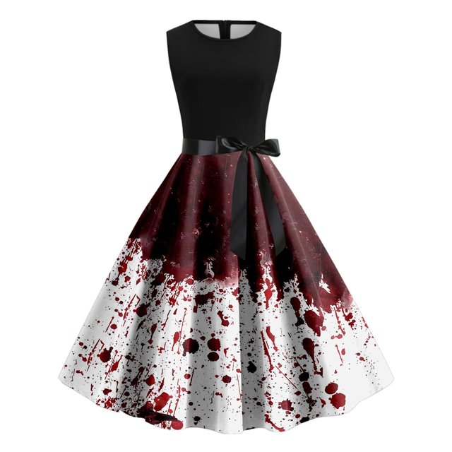 Robe Gothique de Sorcière Halloween Femme Sans Manches Imprimé Effrayant Tunique Décontractée Robe de Soirée Grande Taille Élégante et Stylée
