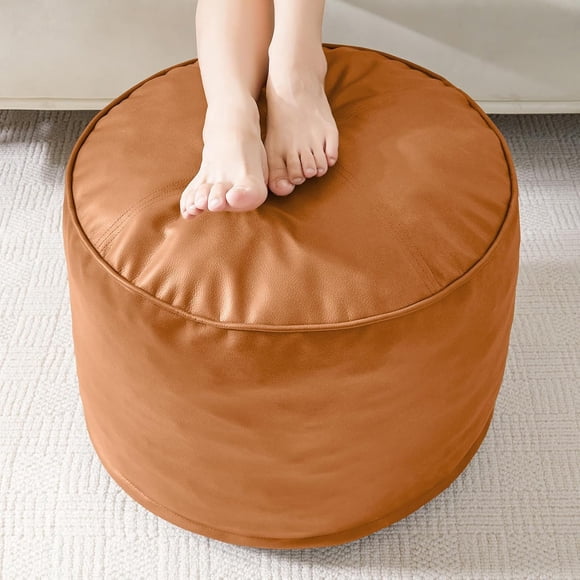 Round Stuffed Pouf Ottoman, Pu Leather Poufs with Foam Chunk Filling, Furry and Fluffy Pouf Foot Stool Storage Ottoman, 20 X 15 Floor Poufs Foot Rest for Living Room, Orange