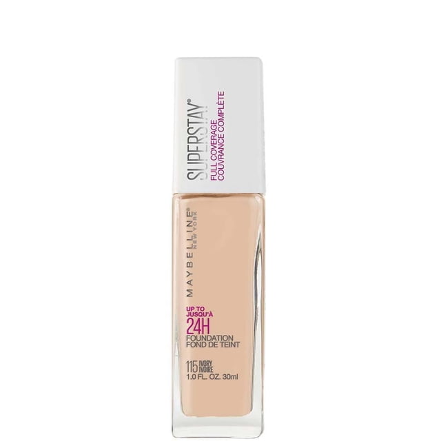 Maybelline New York Super Stay® Full Coverage Foundation, 30 ml in shade 115 Ivory, a clear rectangular glass bottle with beige liquid foundation and a white cap with purple and black text, offering up to 24-hour wear and full coverage for a smooth, even complexion.