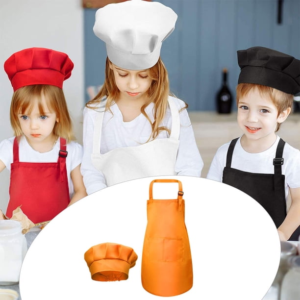1 Set Tablier et Chapeau Chef Pour Enfants, Blancs Tabliers Enfants, Ajustables Tout-Petits Tabliers Chef, Garçons Tablier Cuisson , Filles Tablier Cuisine Enfants avec 2 Poches Pour Enfants 3 à 6 Ans