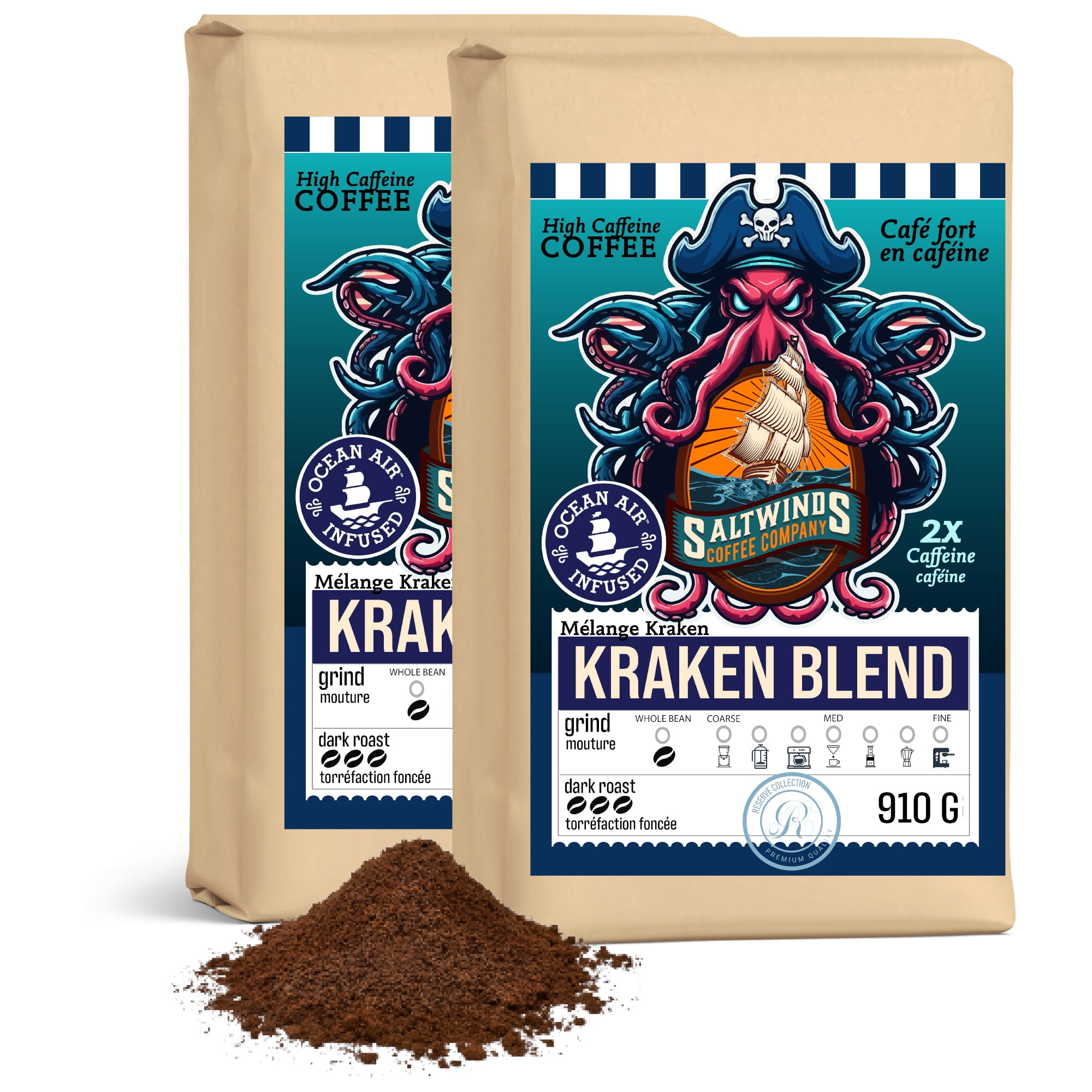 Kraken Blend Extra Strong, Dark Roast Coffee Bundle - (2x910g Ground )   | Ocean Air Infused | Extra Strong Dark Roast with Twice the Caffeine | Canadian Maritime Roasted
