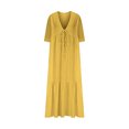 thumbnail image 4 of Pisexur Robes d'Été pour Femmes en Doux Lin-Coton Robes d'Été pour Femmes Décontractées à Col en V Manches 3/4 Robe Maxi Ample Confortable Fluide Robes pour Femmes Couleur Unie à Volants Boho Longues Robes P-2TG Jaune, 4 of 5