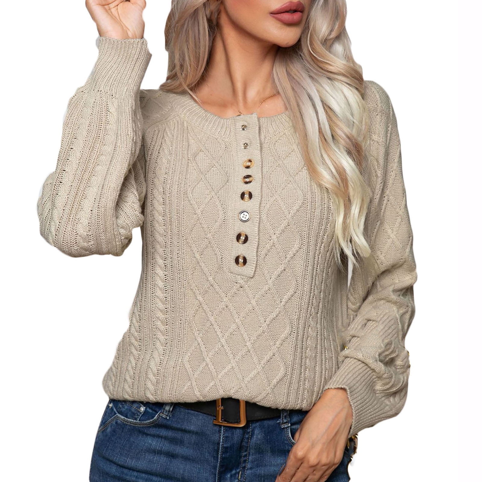 Timegard Chandails pour Femmes Col Rond à Boutons Manches Longues Coupe Ajustée Tricot Chandail Vêtements d'Automne Hiver
