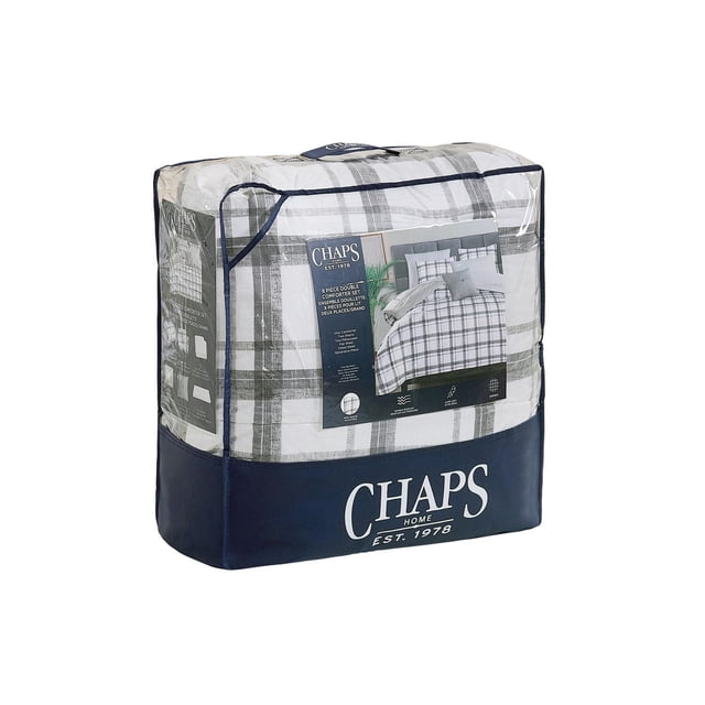 Chaps 8pc Comforter Set Grey Double/Queen in clear packaging with navy blue base, featuring a grey and white plaid comforter and matching pillow shams, suitable for adding warmth and style to bedrooms and often used as a cozy layering option during colder seasons.