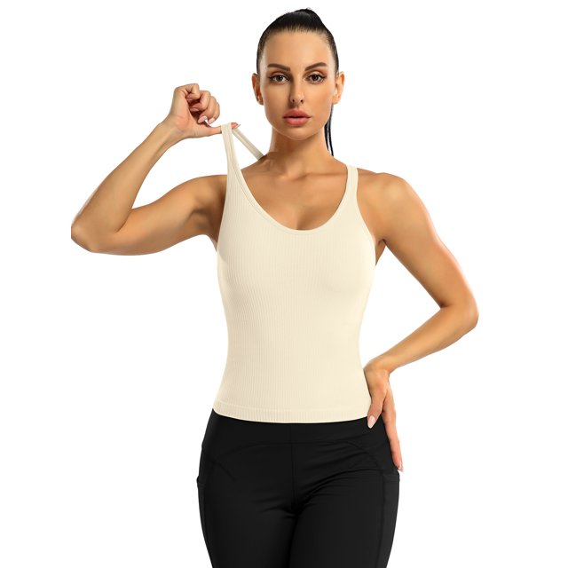 Charmo Women's Scoop Neck Ribbed Tank Tops Slim Straps Cropped Tops Built in Bra