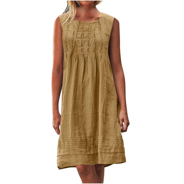 yoeyez Robe Maxi d'Été en Lin pour Femmes, Robe d'Été Plissée à Manches Cap pour Dames Grande Taille, Col Rond, Mini-Robe Décontractée Froncée, Coupe Ample, Ligne A, Robes de Plage Café, S