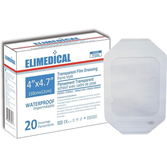 Elimedical Transparent Film Dressing, sterile, 4"x4.7" Waterproof Bandage for Post Surgical Care Shower or Swimming. IV Site Protection, Tattoo Shield, Wound Care. Individually wrapped 20/box TFD04