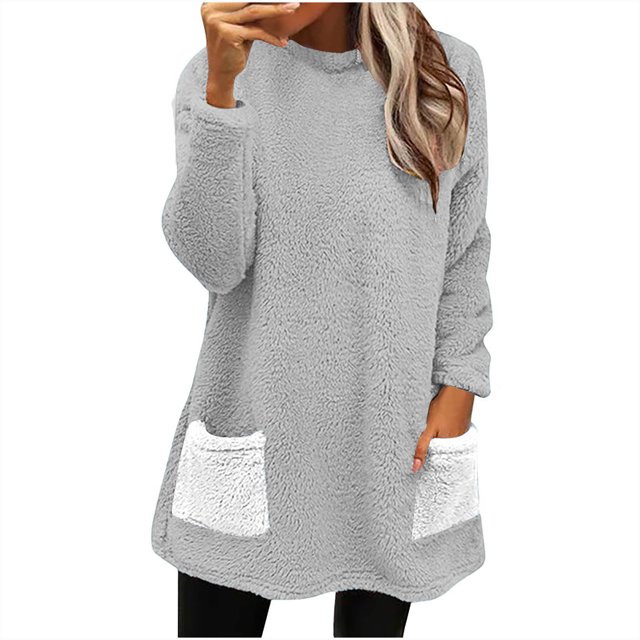 Yuyuzo Chandails en Molleton en Molleton pour Femmes Automne Hiver Manches Longues Col Rond avec Poches