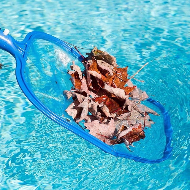 Dvkptbk Cleaning Net Swimming Pool Cleaner Supplies/Professional Heavy Duty Pool Leaf Rake Fine Mesh Frame Net in blue, shown skimming leaves from a swimming pool. The net features a durable plastic frame and fine mesh for effective debris removal. Dimensions are 17.5 x 11.8 x 1.2 inches (44.50 x 30.00 x 3.00 cm).