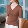 thumbnail image 2 of Wrap Tops for Women Ruched V Neck Slim Fitted Half Sleeve Business Casual Work T Shirts Blouse, 2 of 3
