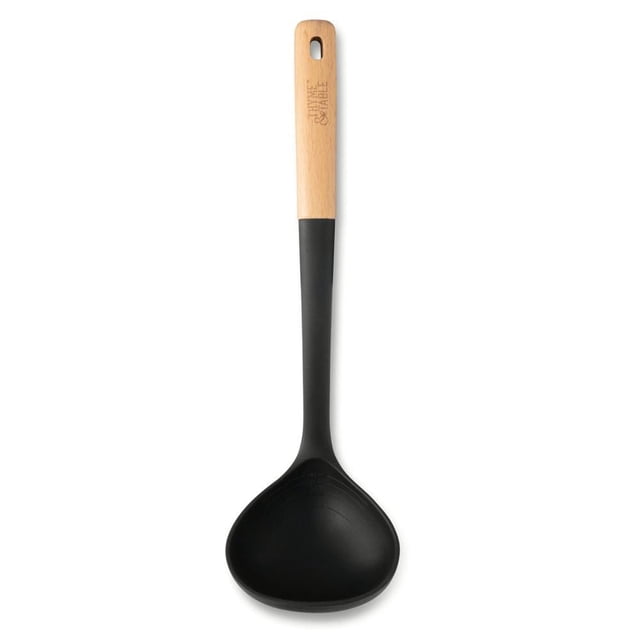 Thyme & Table Silicone Ladle with Beechwood Handle, Black, featuring a natural beechwood handle with engraved branding and hanging hole, attached to a black heat-resistant silicone ladle head designed to protect cookware surfaces, ideal for serving soups, stews, and sauces, and suitable for precise kitchen use.