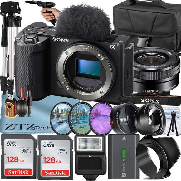 Sony ZV-E10 II Mirrorless Camera (Black) with 16-50mm Lens + 2 Pack 128GB Memory Card + Flash + Tripod + ZeeTech Accessory Bundle