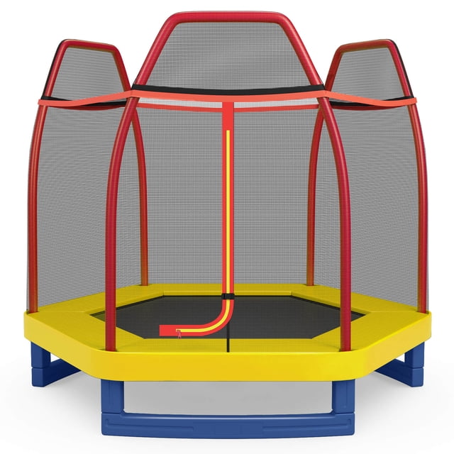Costway 7 FT Kids Trampoline with Safety Enclosure Net Spring Pad & Jumping Mat for Kids Orange