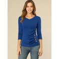 thumbnail image 3 of INSPIRE CHIC Women's Button Decor V Neck 3/4 Sleeve Solid Blouse Knitted Ruched Top, 3 of 6