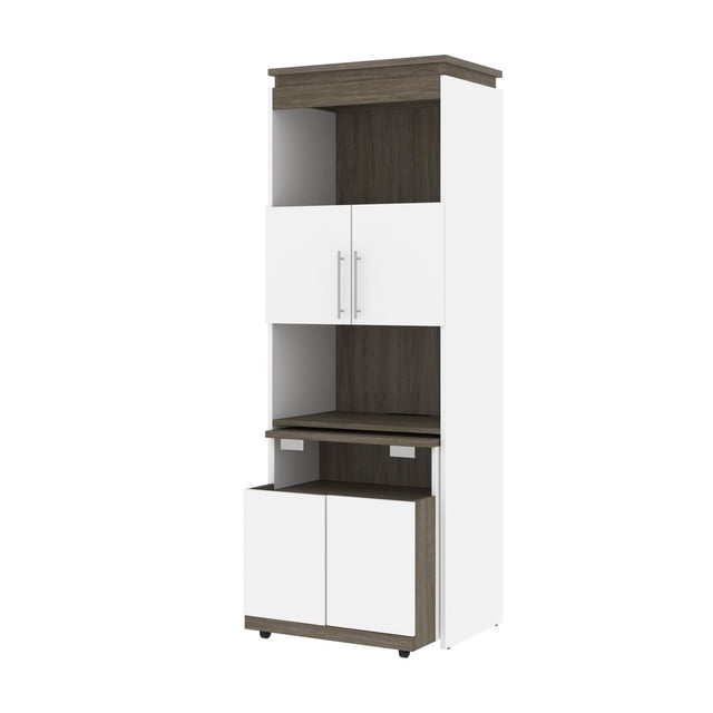 Bestar Orion 30W shelving unit with fold-out desk in white and walnut grey, featuring two closed cabinets, three open shelves, a fold-out desk with pneumatic support, and a USB/power outlet, ideal for organizing and working in multipurpose rooms.