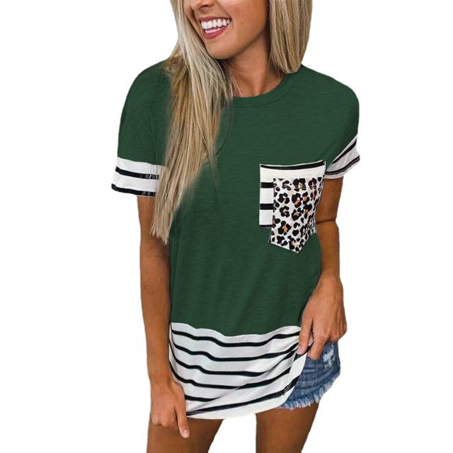 Nouveau T-Shirt Décontracté pour Femmes Manches Courtes Hauts Imprimé Rayé Patchwork Col Rond Tee Grande Taille Poches Blouse Ample