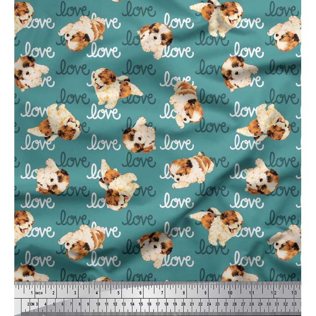 Soimoi Georgette Viscose Fabric Love Text & Puppies Dog Decor Fabric Printed Yard 42 Inch Wide